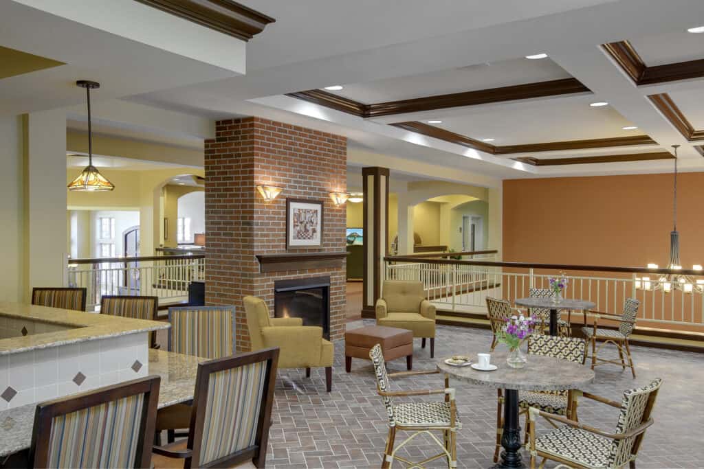 The cafe, which opens to a sunny patio, is where residents enjoy coffee, tea, and baking classes near Southington, CT.