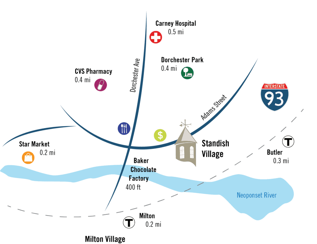 A map of the area and amenities surrounding the Assisted Living and Memory Care facility near Quincy, MA.