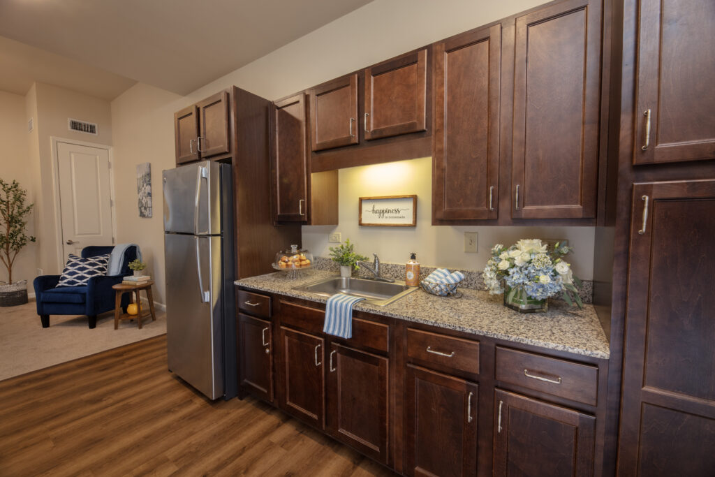 A kitchen counter area in SLR Marlboro assisted living.