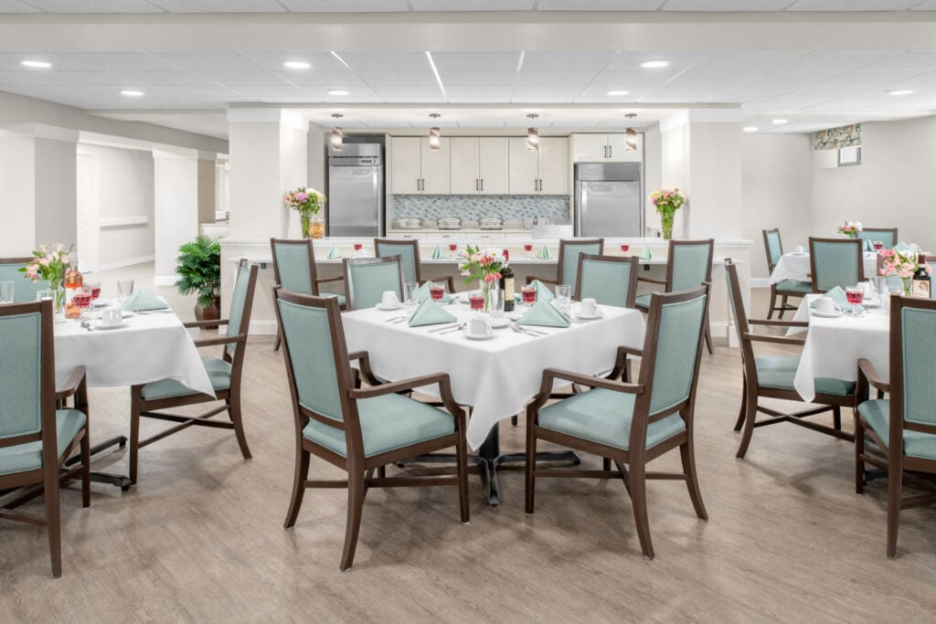 The bright dining room at Anchor Bay Greenwich with a view of the fridge area in East Greenwich.