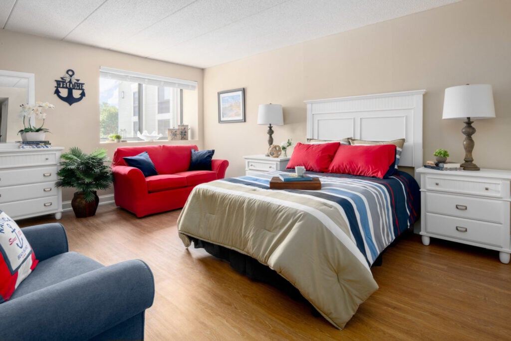 A studio bedroom at Anchor Bay Greenwich assisted living.