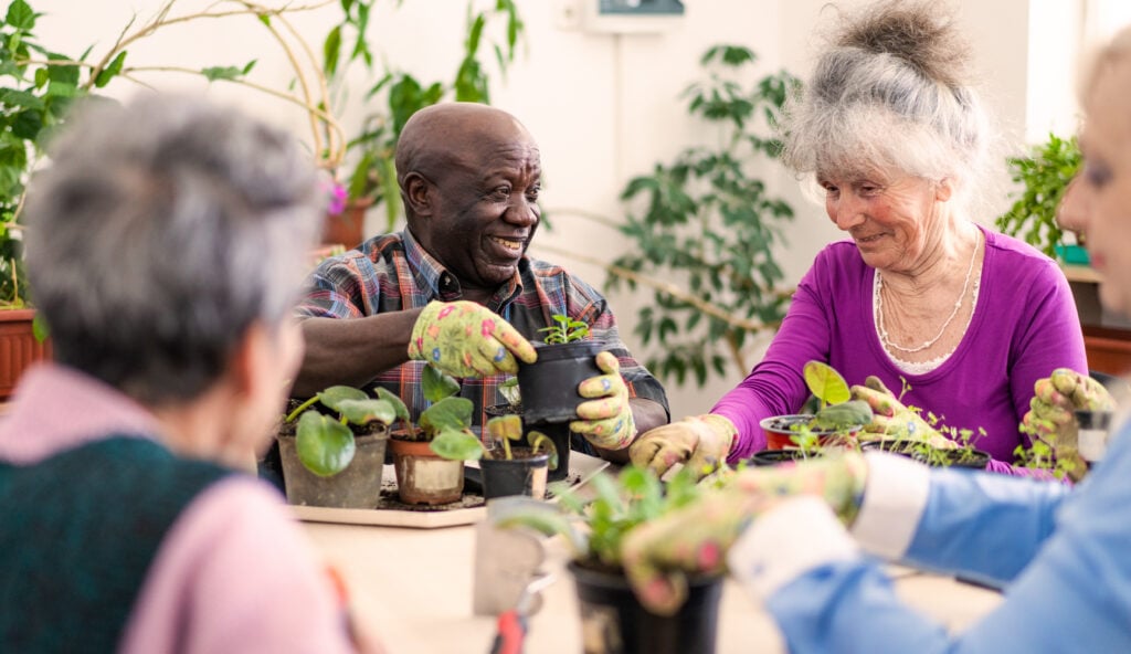 Two smiling retired pensioners are tending to the potted plants on a table, in the foreground and out of focus more ladies are helping